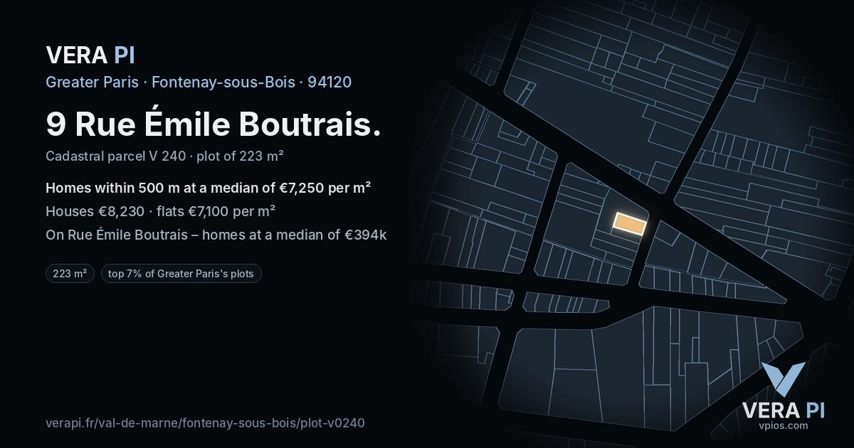 9 Rue Émile Boutrais, Fontenay-sous-Bois at night – the plot lit, the parcels around coloured by the prices near them