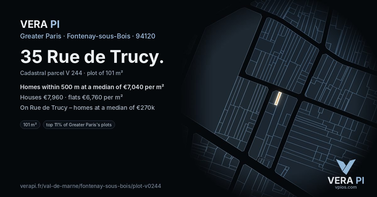 35 Rue de Trucy, Fontenay-sous-Bois at night – the plot lit, the parcels around coloured by the prices near them