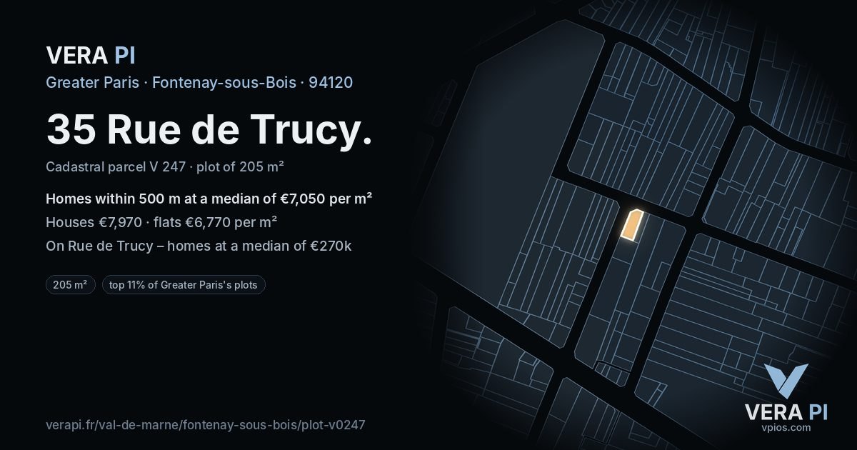 35 Rue de Trucy, Fontenay-sous-Bois at night – the plot lit, the parcels around coloured by the prices near them