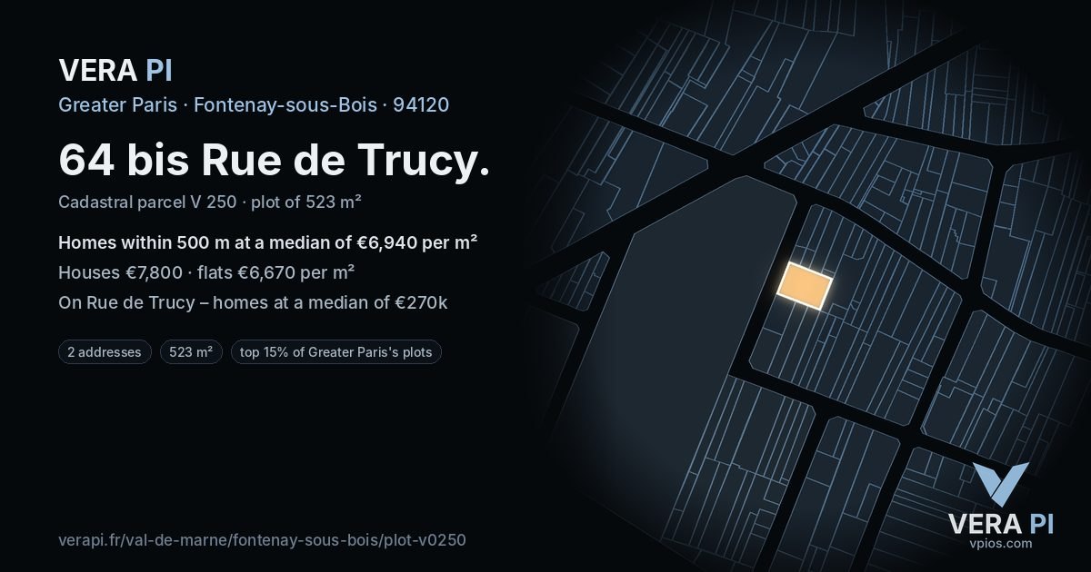 64 bis Rue de Trucy, Fontenay-sous-Bois at night – the plot lit, the parcels around coloured by the prices near them