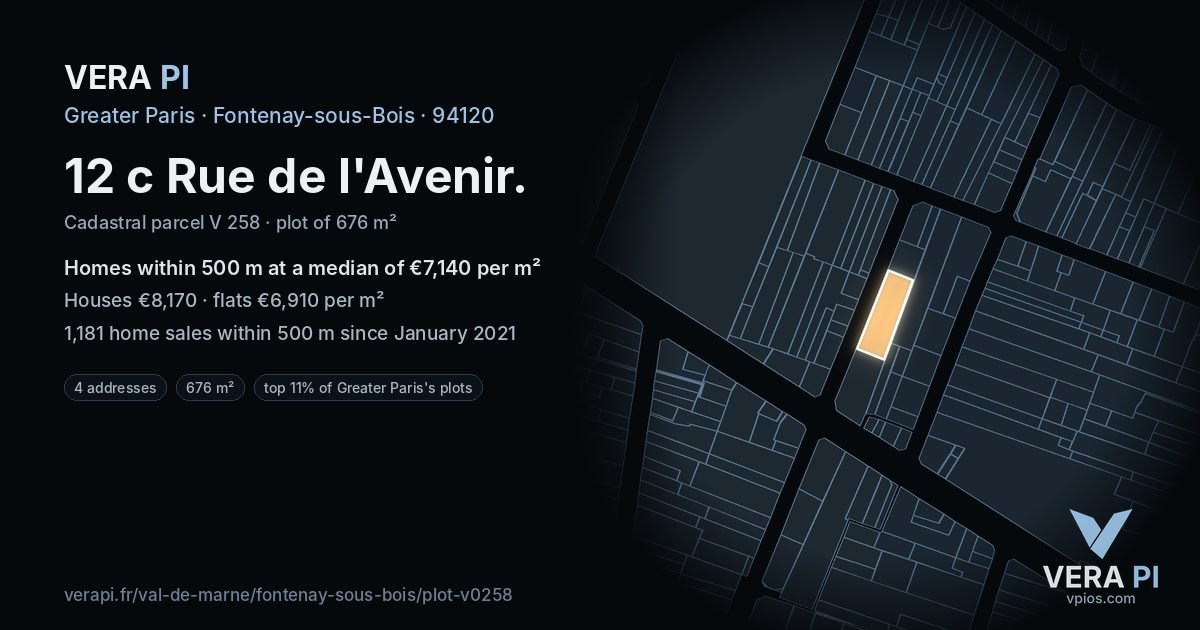 12 c Rue de l'Avenir, Fontenay-sous-Bois at night – the plot lit, the parcels around coloured by the prices near them