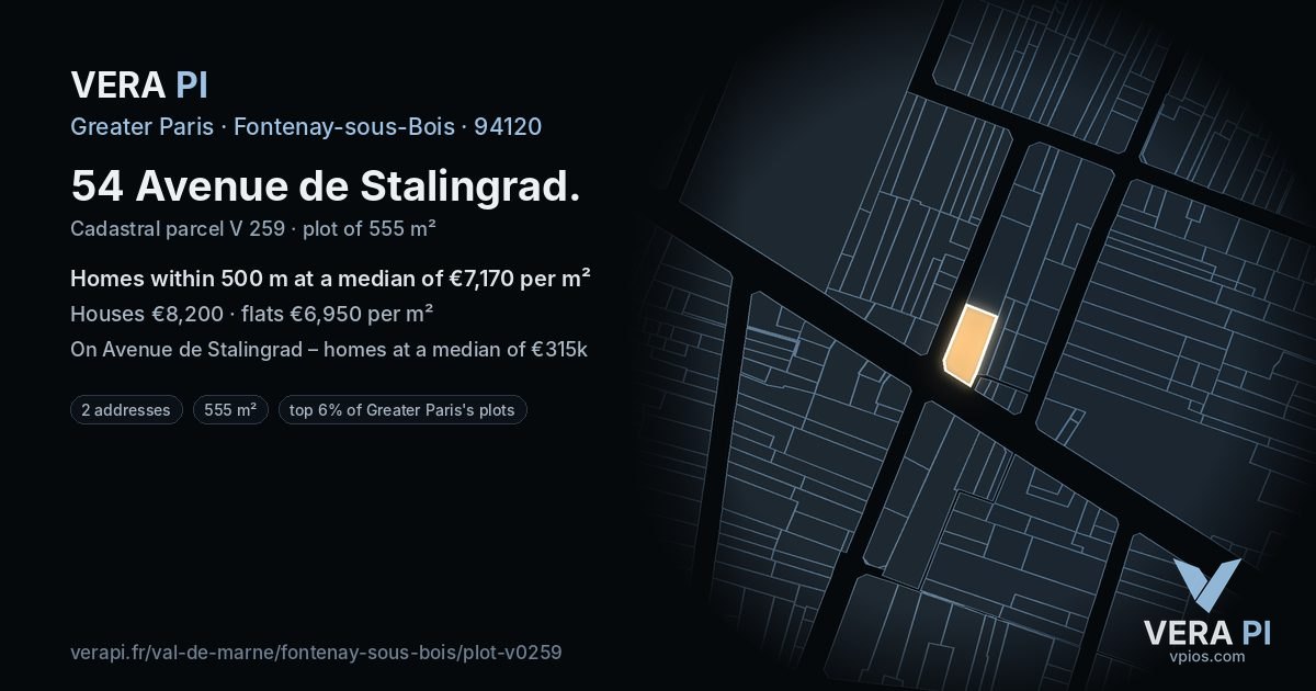 54 Avenue de Stalingrad, Fontenay-sous-Bois at night – the plot lit, the parcels around coloured by the prices near them
