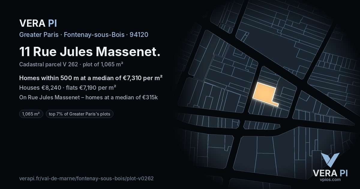 11 Rue Jules Massenet, Fontenay-sous-Bois at night – the plot lit, the parcels around coloured by the prices near them