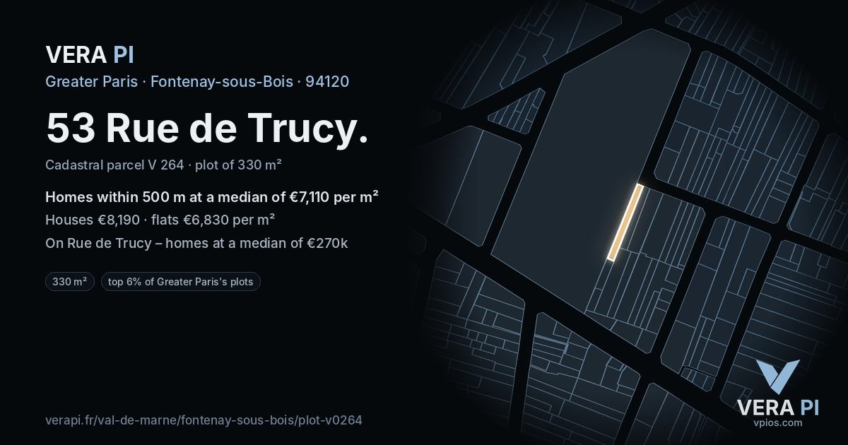 53 Rue de Trucy, Fontenay-sous-Bois at night – the plot lit, the parcels around coloured by the prices near them