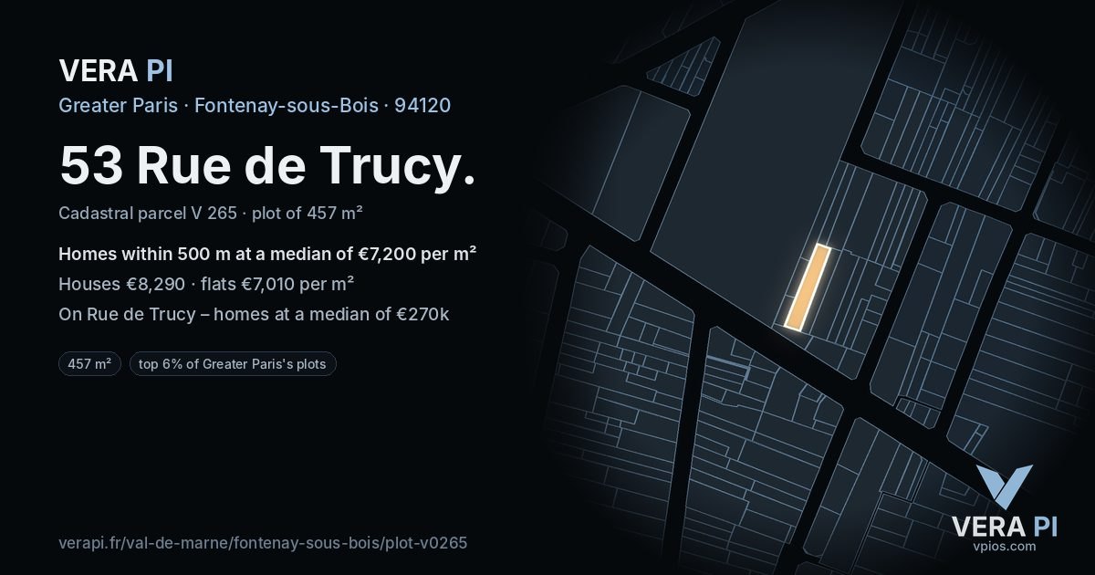 53 Rue de Trucy, Fontenay-sous-Bois at night – the plot lit, the parcels around coloured by the prices near them