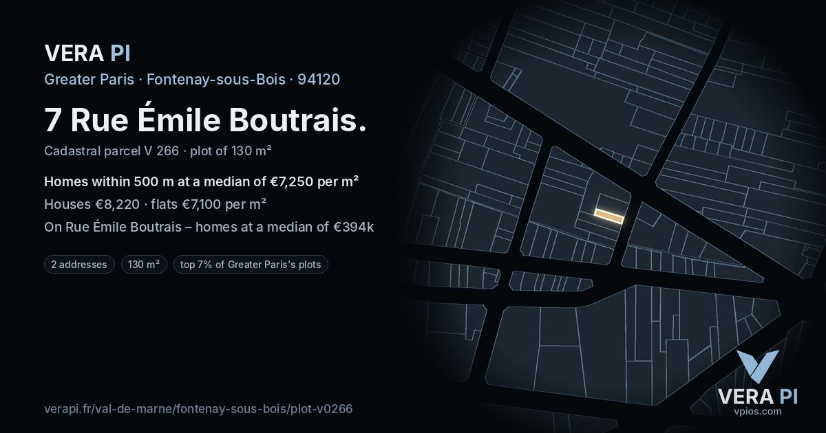 7 Rue Émile Boutrais, Fontenay-sous-Bois at night – the plot lit, the parcels around coloured by the prices near them