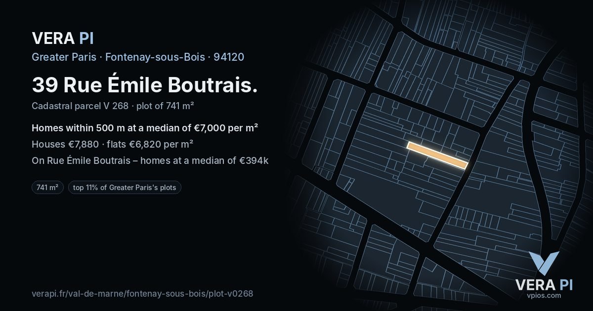 39 Rue Émile Boutrais, Fontenay-sous-Bois at night – the plot lit, the parcels around coloured by the prices near them
