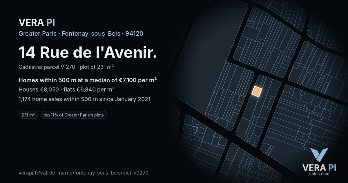 14 Rue de l'Avenir, Fontenay-sous-Bois at night – the plot lit, the parcels around coloured by the prices near them