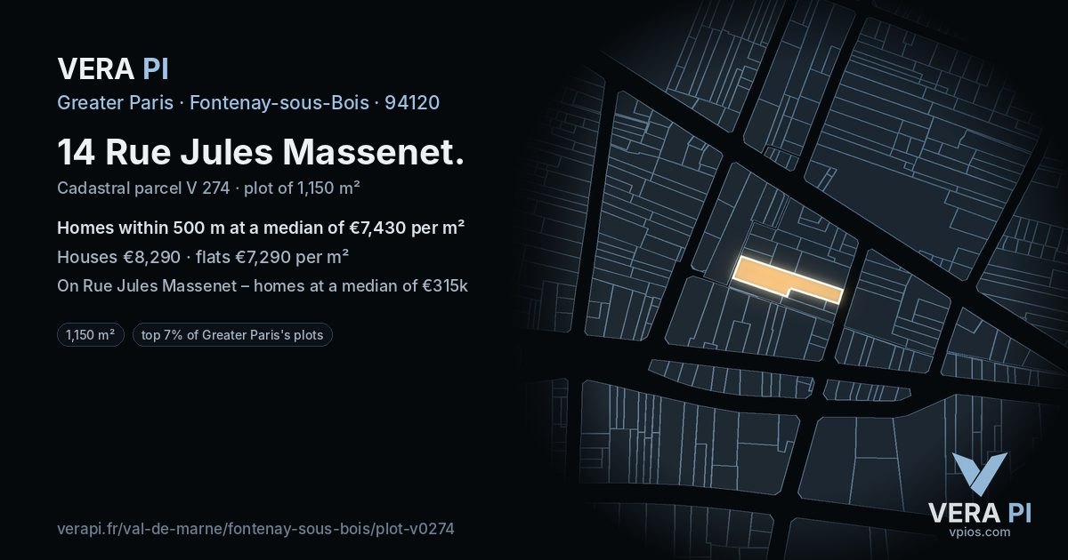 14 Rue Jules Massenet, Fontenay-sous-Bois at night – the plot lit, the parcels around coloured by the prices near them