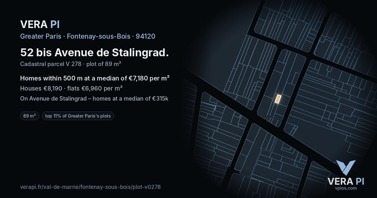 52 bis Avenue de Stalingrad, Fontenay-sous-Bois at night – the plot lit, the parcels around coloured by the prices near them