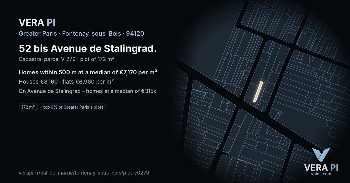 52 bis Avenue de Stalingrad, Fontenay-sous-Bois at night – the plot lit, the parcels around coloured by the prices near them