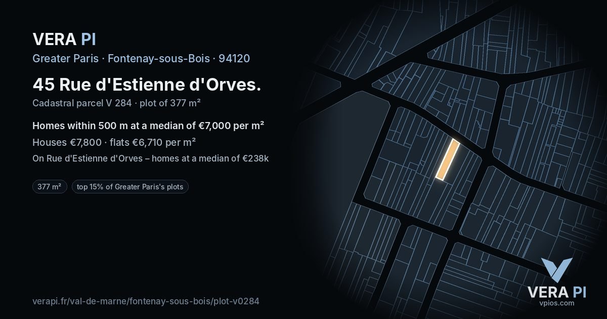 45 Rue d'Estienne d'Orves, Fontenay-sous-Bois at night – the plot lit, the parcels around coloured by the prices near them