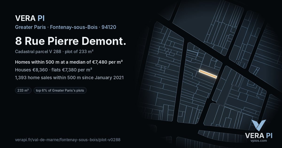 8 Rue Pierre Demont, Fontenay-sous-Bois at night – the plot lit, the parcels around coloured by the prices near them