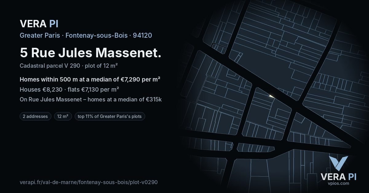 5 Rue Jules Massenet, Fontenay-sous-Bois at night – the plot lit, the parcels around coloured by the prices near them