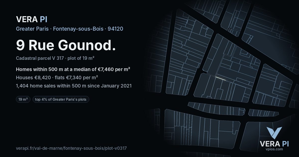 9 Rue Gounod, Fontenay-sous-Bois at night – the plot lit, the parcels around coloured by the prices near them