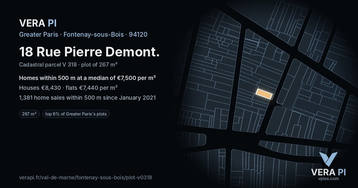 18 Rue Pierre Demont, Fontenay-sous-Bois at night – the plot lit, the parcels around coloured by the prices near them