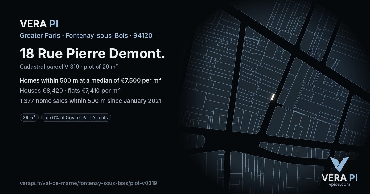 18 Rue Pierre Demont, Fontenay-sous-Bois at night – the plot lit, the parcels around coloured by the prices near them
