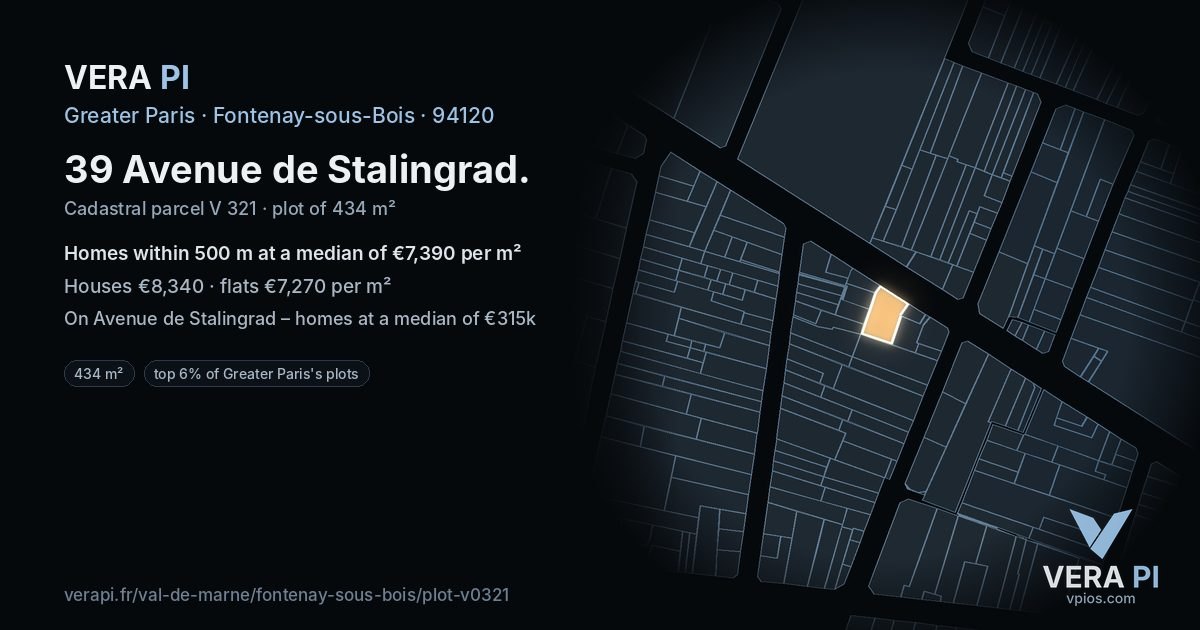 39 Avenue de Stalingrad, Fontenay-sous-Bois at night – the plot lit, the parcels around coloured by the prices near them