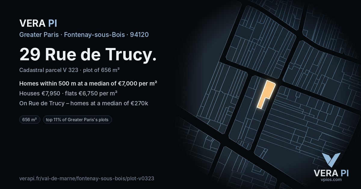 29 Rue de Trucy, Fontenay-sous-Bois at night – the plot lit, the parcels around coloured by the prices near them