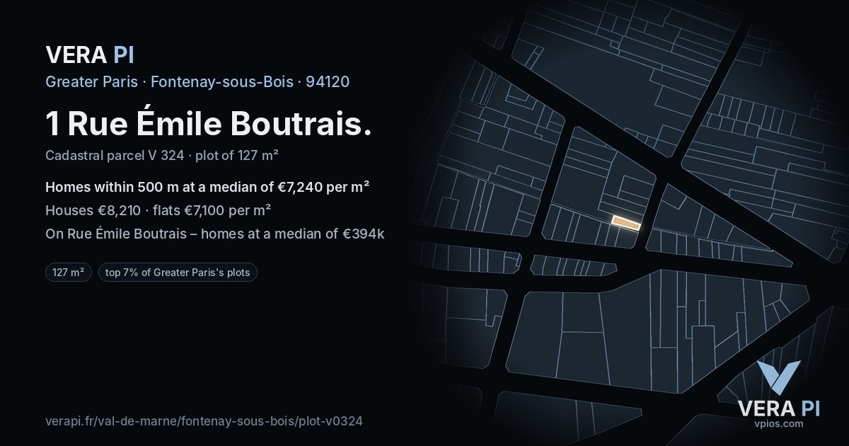1 Rue Émile Boutrais, Fontenay-sous-Bois at night – the plot lit, the parcels around coloured by the prices near them