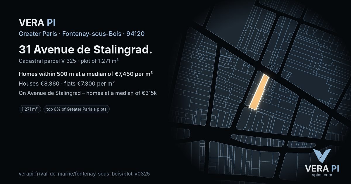 31 Avenue de Stalingrad, Fontenay-sous-Bois at night – the plot lit, the parcels around coloured by the prices near them