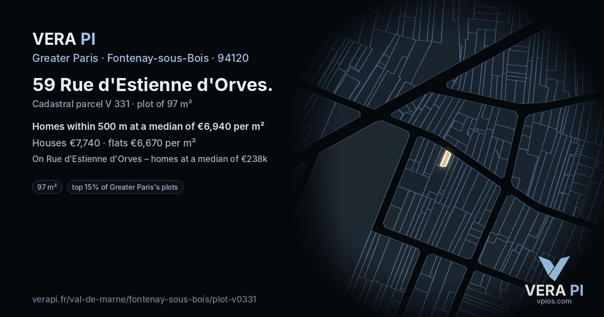 59 Rue d'Estienne d'Orves, Fontenay-sous-Bois at night – the plot lit, the parcels around coloured by the prices near them