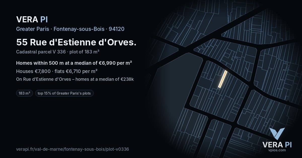 55 Rue d'Estienne d'Orves, Fontenay-sous-Bois at night – the plot lit, the parcels around coloured by the prices near them