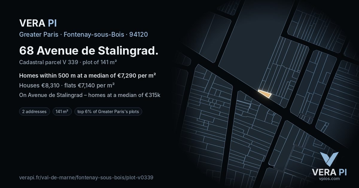 68 Avenue de Stalingrad, Fontenay-sous-Bois at night – the plot lit, the parcels around coloured by the prices near them