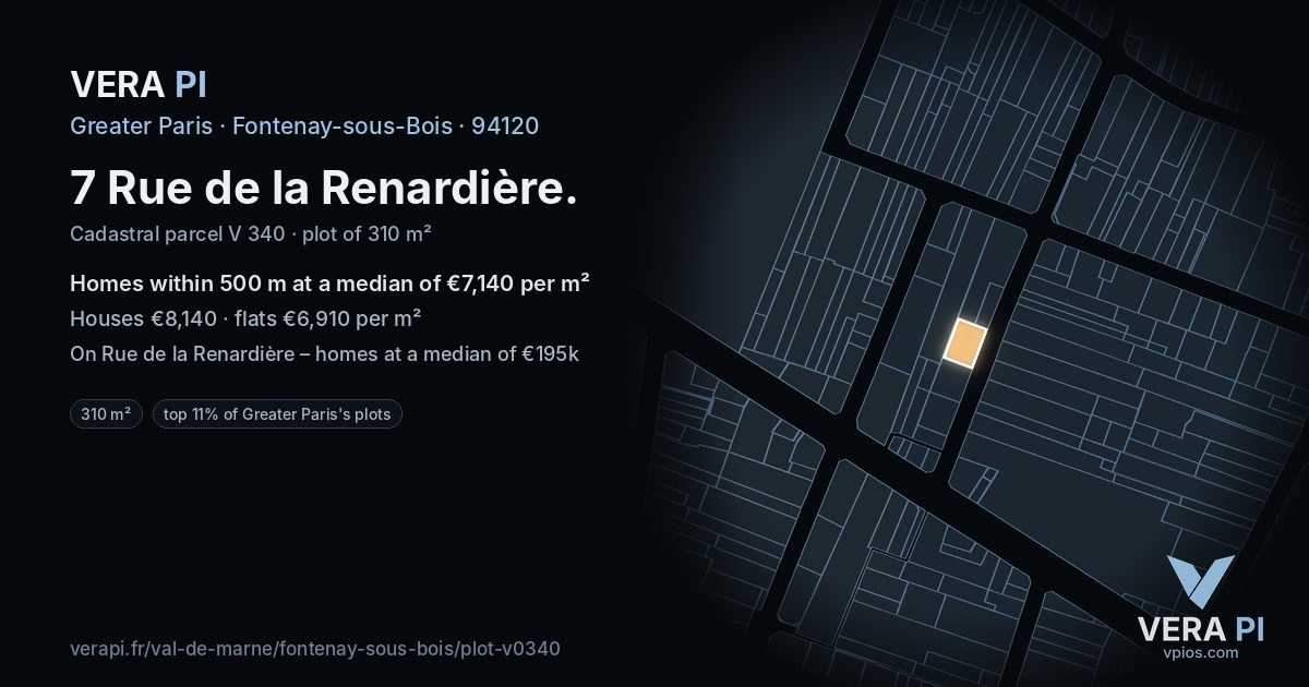 7 Rue de la Renardière, Fontenay-sous-Bois at night – the plot lit, the parcels around coloured by the prices near them