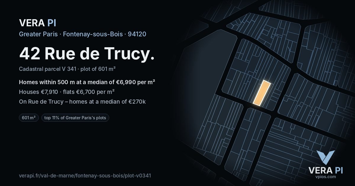 42 Rue de Trucy, Fontenay-sous-Bois at night – the plot lit, the parcels around coloured by the prices near them