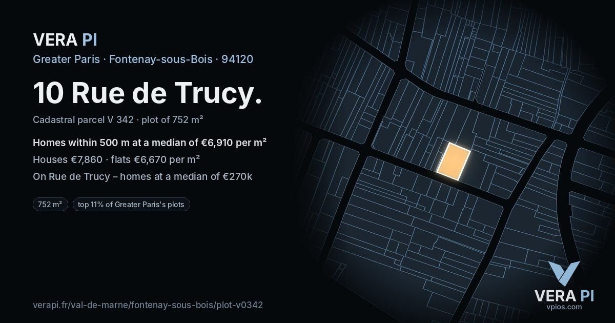10 Rue de Trucy, Fontenay-sous-Bois at night – the plot lit, the parcels around coloured by the prices near them