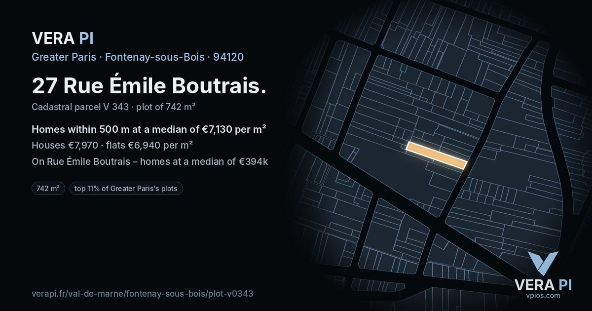 27 Rue Émile Boutrais, Fontenay-sous-Bois at night – the plot lit, the parcels around coloured by the prices near them