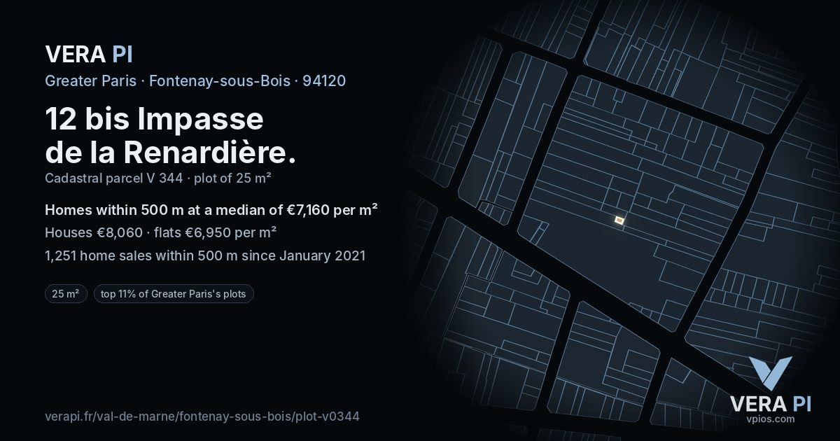 12 bis Impasse de la Renardière, Fontenay-sous-Bois at night – the plot lit, the parcels around coloured by the prices near them
