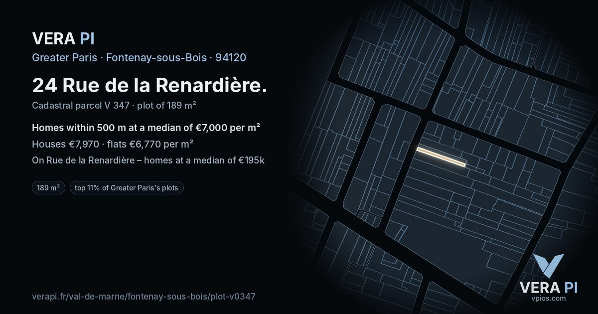 24 Rue de la Renardière, Fontenay-sous-Bois at night – the plot lit, the parcels around coloured by the prices near them