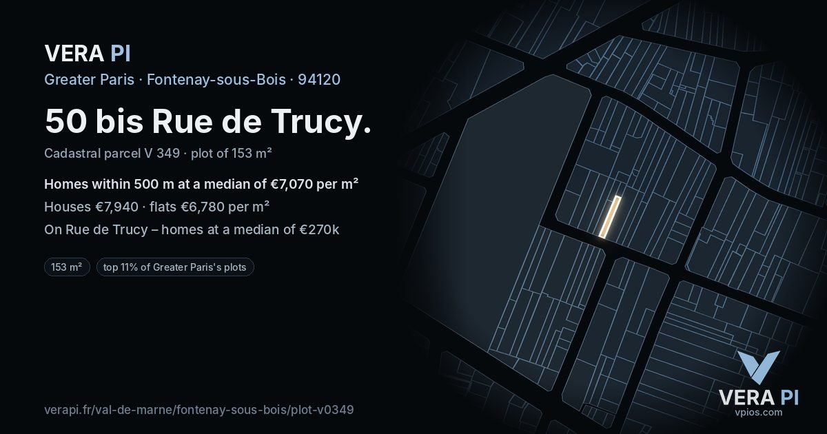 50 bis Rue de Trucy, Fontenay-sous-Bois at night – the plot lit, the parcels around coloured by the prices near them