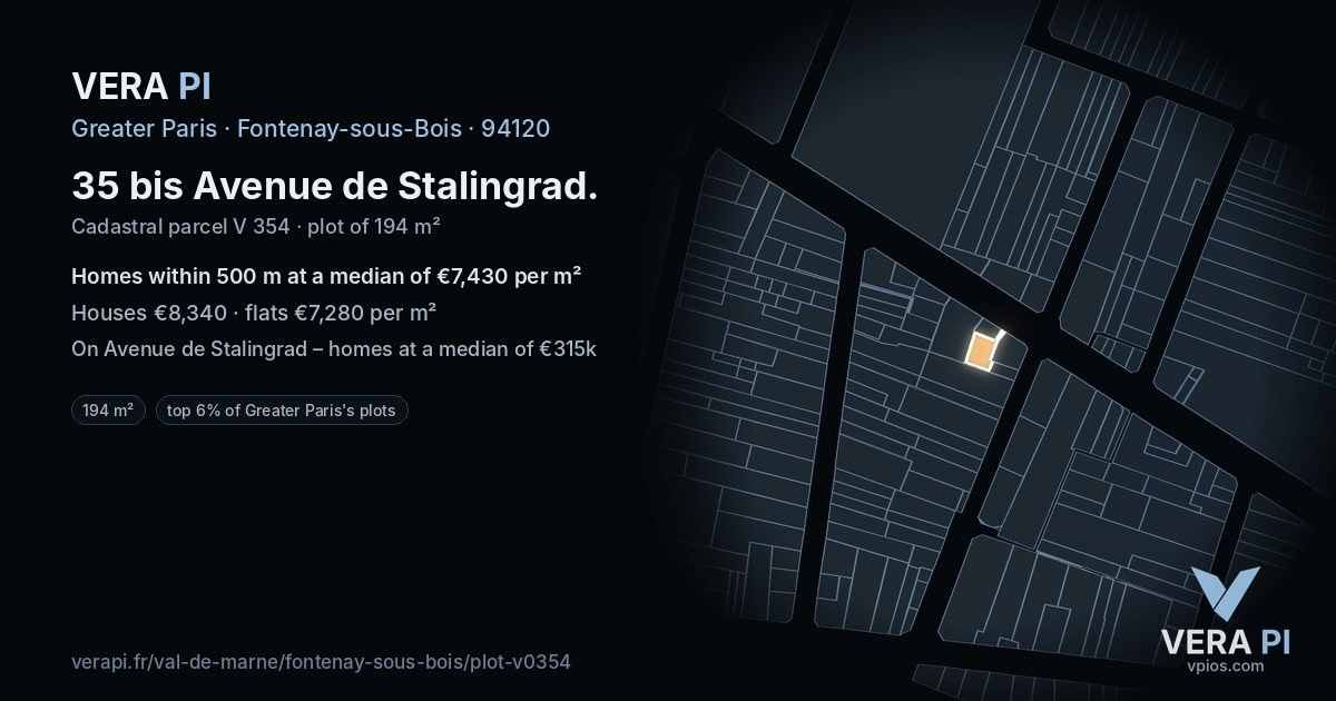 35 bis Avenue de Stalingrad, Fontenay-sous-Bois at night – the plot lit, the parcels around coloured by the prices near them