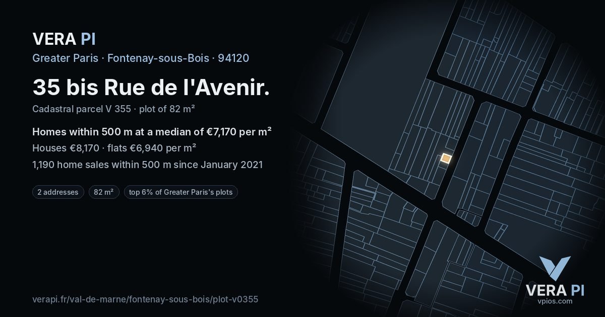 35 bis Rue de l'Avenir, Fontenay-sous-Bois at night – the plot lit, the parcels around coloured by the prices near them