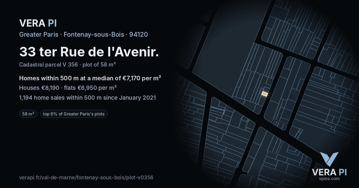 33 ter Rue de l'Avenir, Fontenay-sous-Bois at night – the plot lit, the parcels around coloured by the prices near them