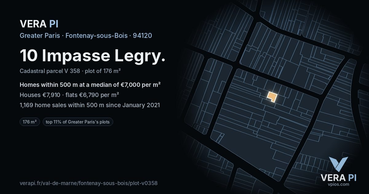 10 Impasse Legry, Fontenay-sous-Bois at night – the plot lit, the parcels around coloured by the prices near them