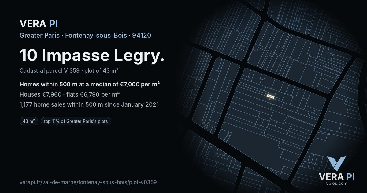 10 Impasse Legry, Fontenay-sous-Bois at night – the plot lit, the parcels around coloured by the prices near them