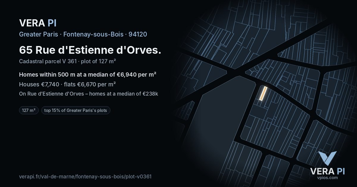 65 Rue d'Estienne d'Orves, Fontenay-sous-Bois at night – the plot lit, the parcels around coloured by the prices near them