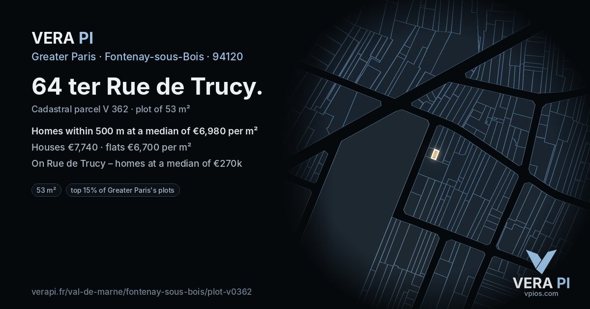 64 ter Rue de Trucy, Fontenay-sous-Bois at night – the plot lit, the parcels around coloured by the prices near them