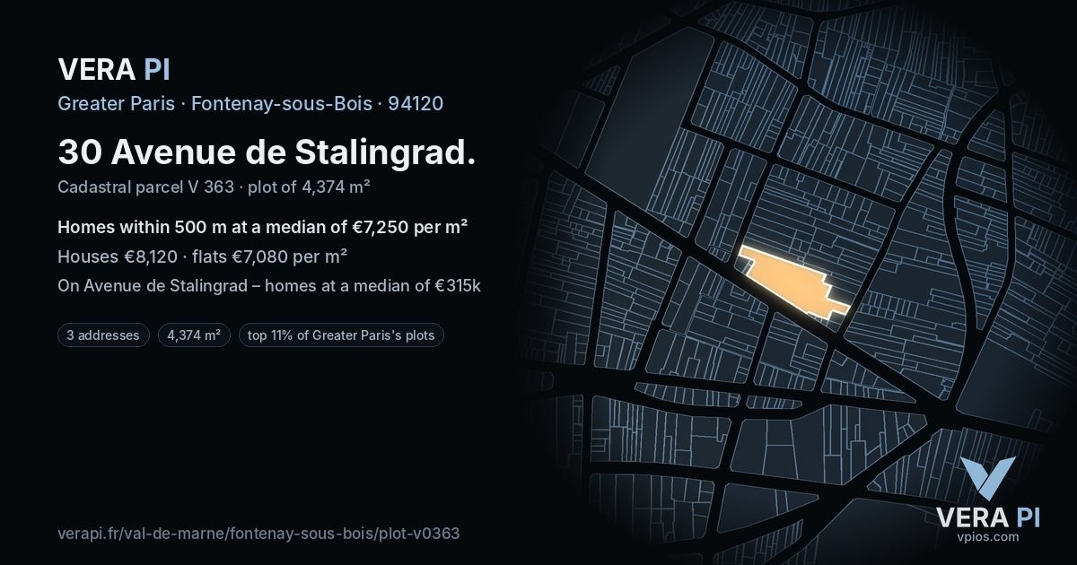 30 Avenue de Stalingrad, Fontenay-sous-Bois at night – the plot lit, the parcels around coloured by the prices near them