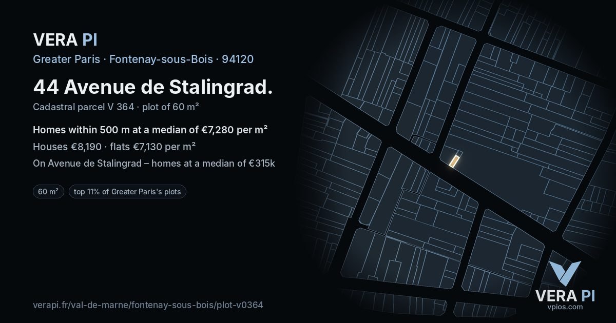 44 Avenue de Stalingrad, Fontenay-sous-Bois at night – the plot lit, the parcels around coloured by the prices near them