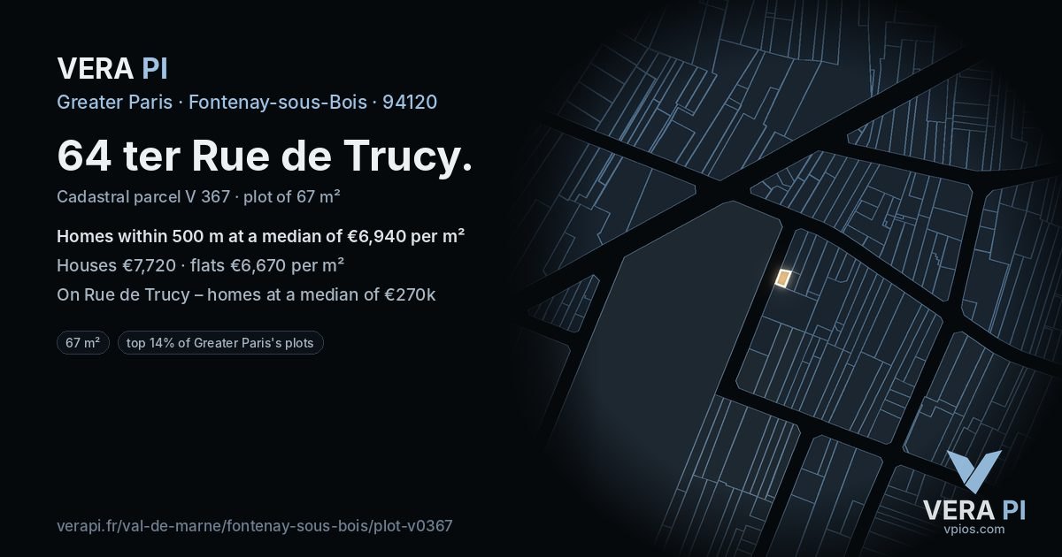 64 ter Rue de Trucy, Fontenay-sous-Bois at night – the plot lit, the parcels around coloured by the prices near them