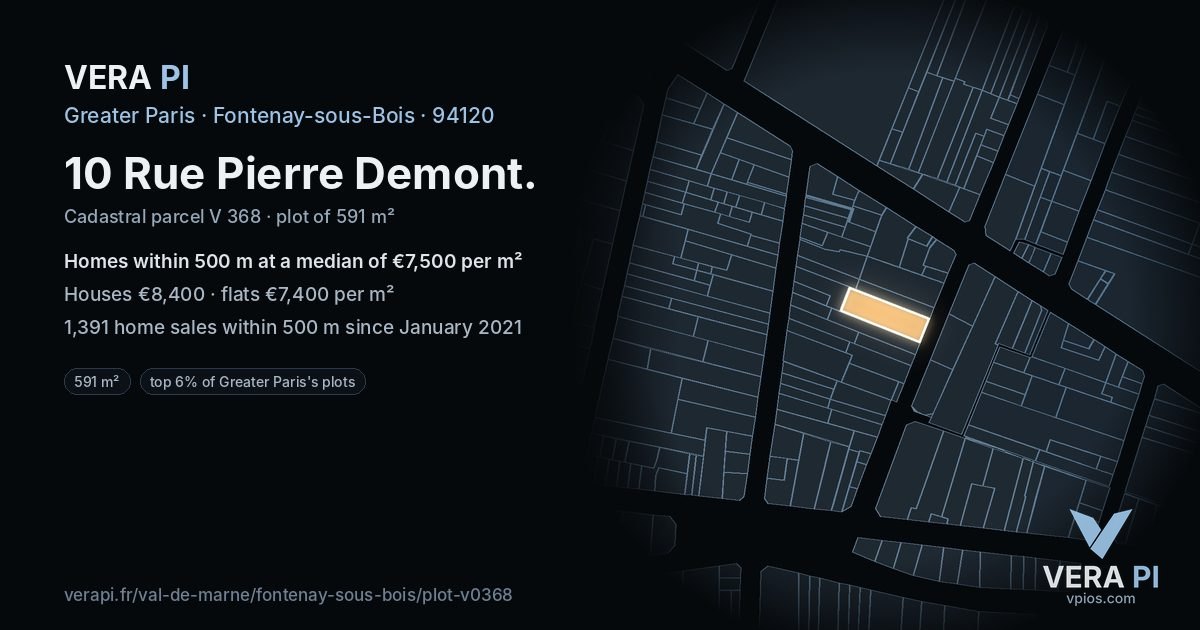 10 Rue Pierre Demont, Fontenay-sous-Bois at night – the plot lit, the parcels around coloured by the prices near them
