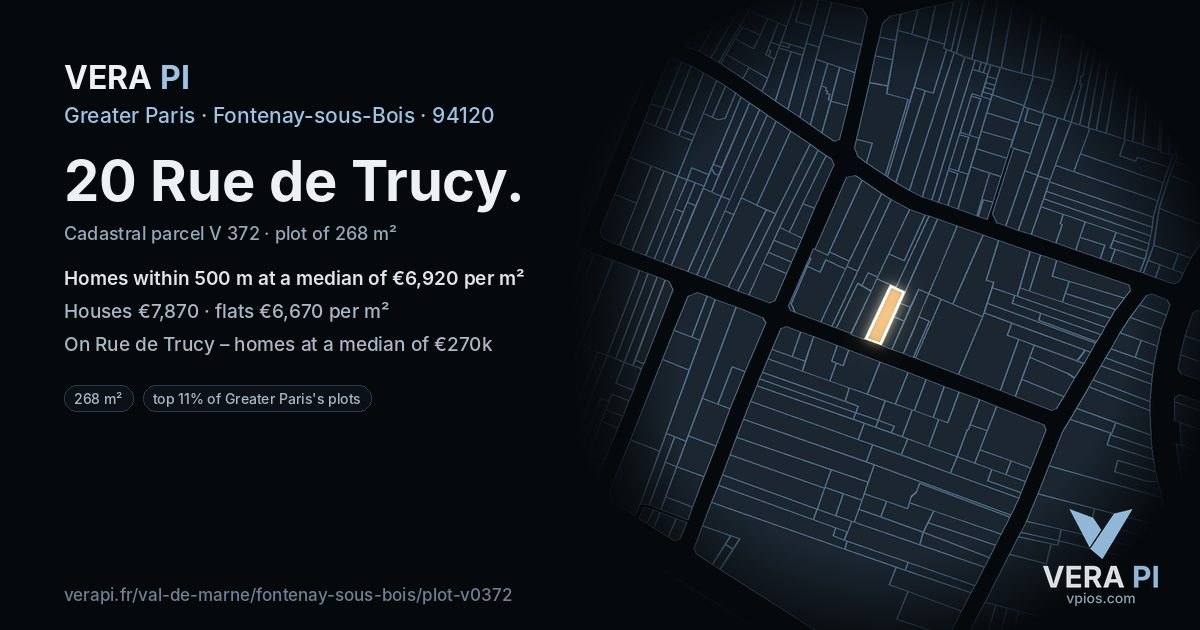 20 Rue de Trucy, Fontenay-sous-Bois at night – the plot lit, the parcels around coloured by the prices near them