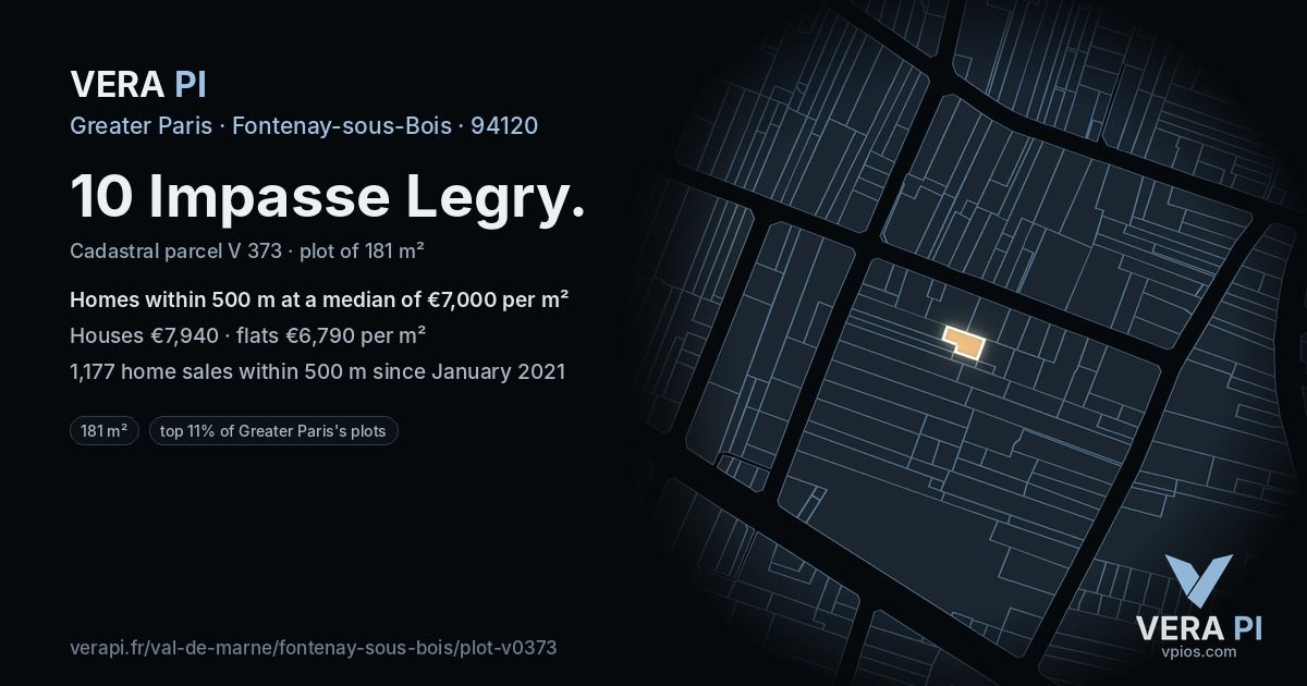 10 Impasse Legry, Fontenay-sous-Bois at night – the plot lit, the parcels around coloured by the prices near them
