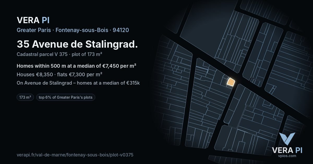 35 Avenue de Stalingrad, Fontenay-sous-Bois at night – the plot lit, the parcels around coloured by the prices near them