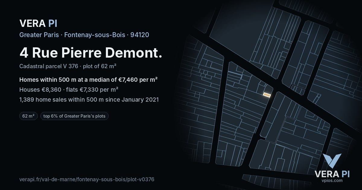 4 Rue Pierre Demont, Fontenay-sous-Bois at night – the plot lit, the parcels around coloured by the prices near them